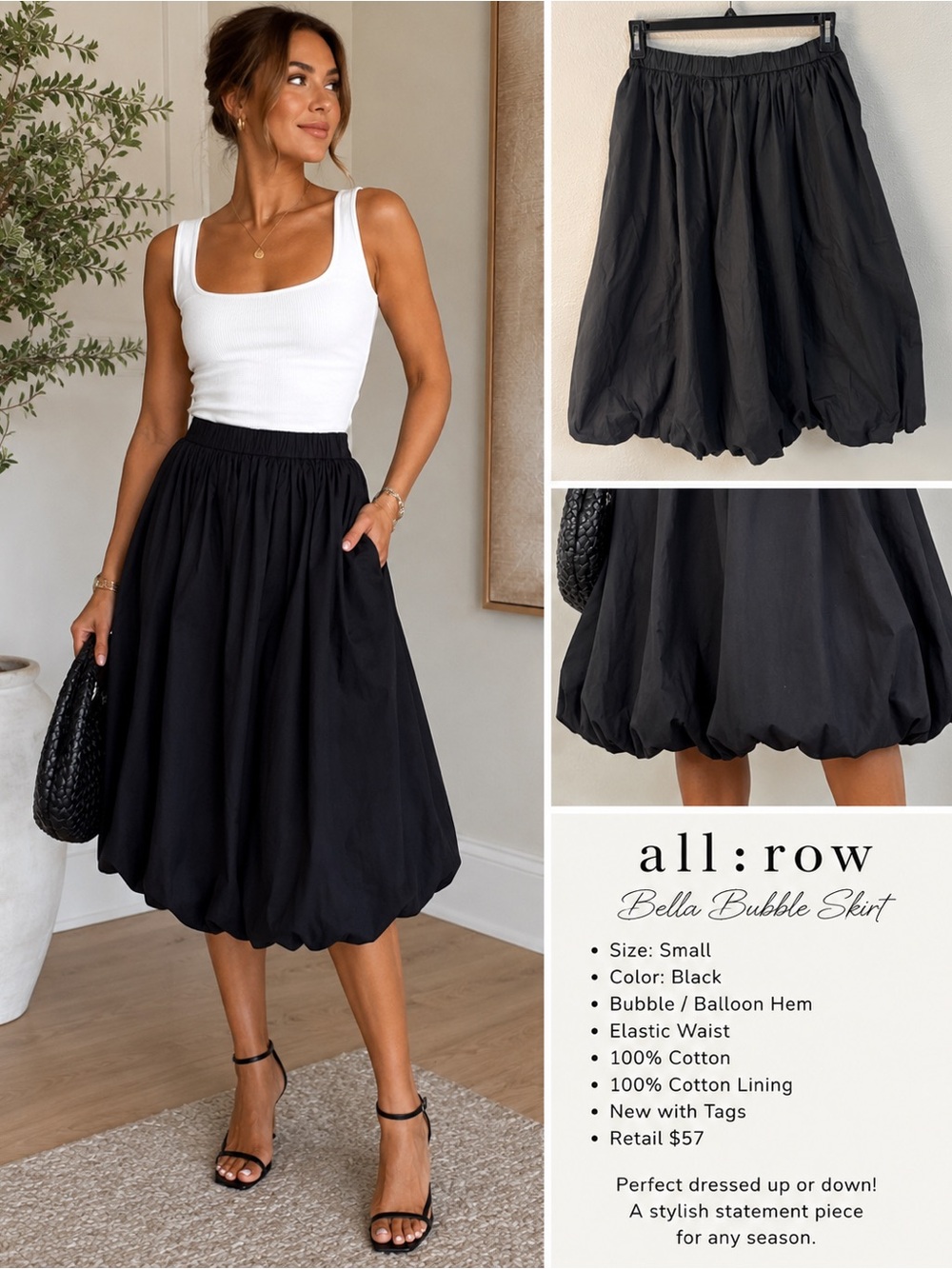 NWT All:Row Bella Black Bubble Skirt Size Small Balloon Hem